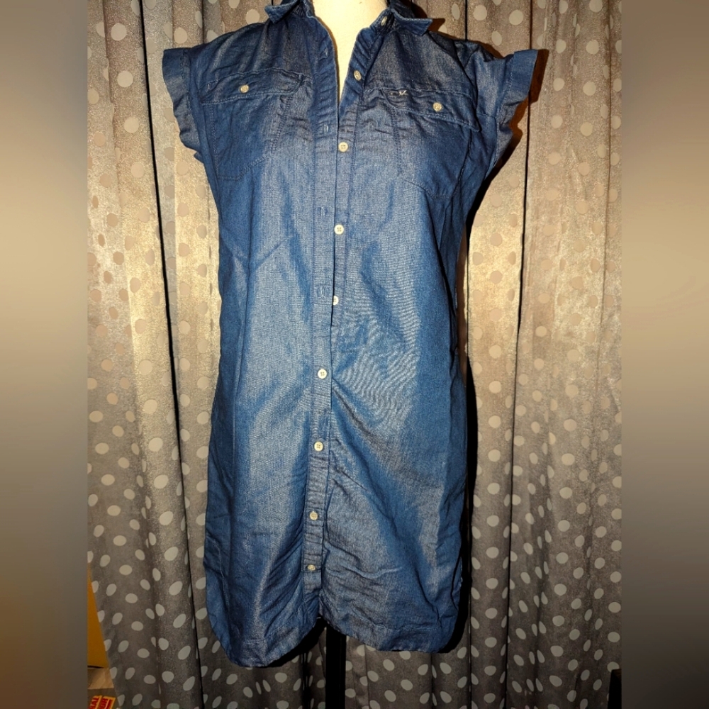 CALVIN KLEIN Jeans Kid's Button-Up Shirt Dress Pockets L 12/14